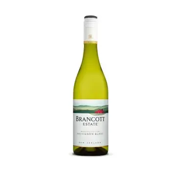 Бутылка вина Brancott Estate Sauvignon Blanc светло-зеленого цвета, с этикеткой на белом фоне.