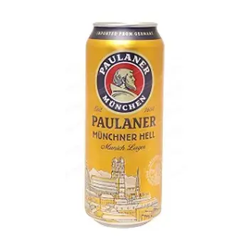 Банка пива Paulaner, оформленная в характерном стиле, подчеркивающая ее происхождение и вкусовые качества.