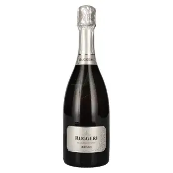 Ruggeri Prosecco Argeoo в изящной бутылке с яркой этикеткой, отражающей его уникальность.