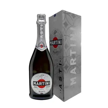 Бутылка Асти Мартини на фоне серебристой упаковки, создающей стильный контраст.