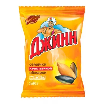 Упаковка семечек Джинн, оформленная в ярких цветах, с изображением семечек и названием продукта.