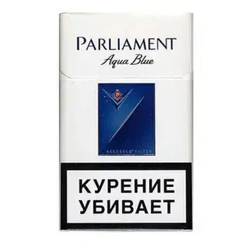 Сигареты Parliament Aqua Blue в упаковке, с характерным дизайном и цветовой гаммой.