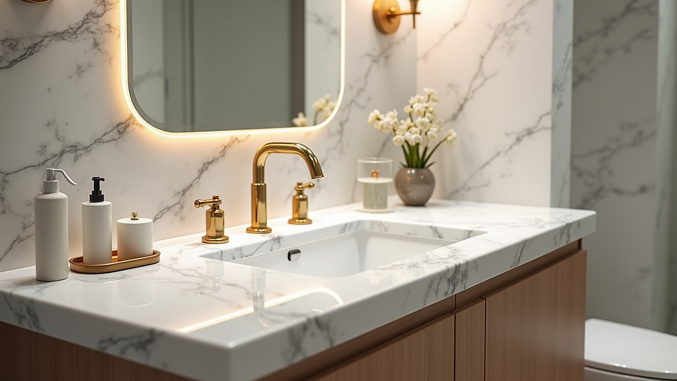 High angle view of a marble bathroom countertop with gold faucet