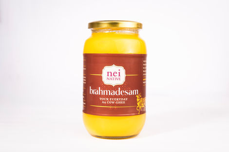 Jar of Brahmadesam cow ghee with brown label.