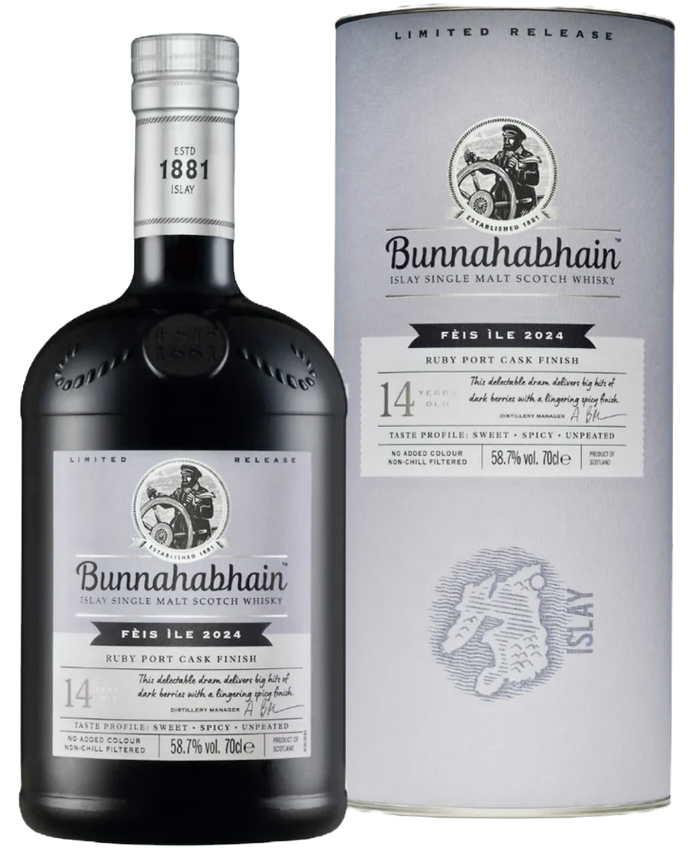 Looks innocent, drinks like a velvet rebellion. The Bunnahabhain Feis Ile 14 Year Old Ruby Port Cask knows exactly what it's doing - and so will you after the second sip.