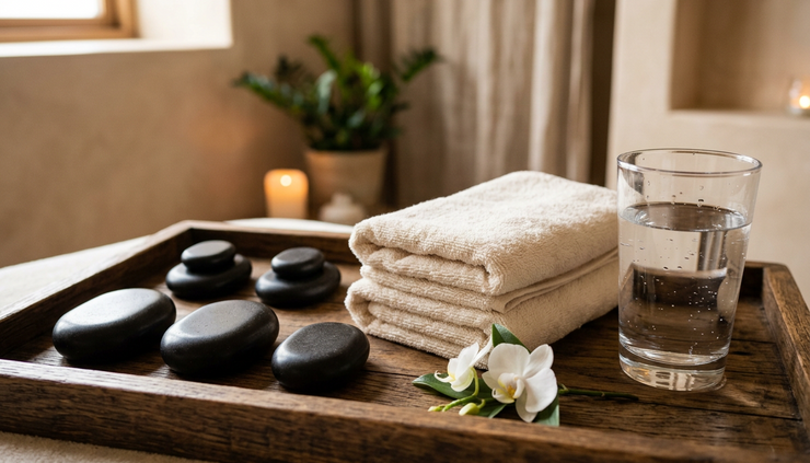 Close-up of smooth massage stones warming beside folded towels and a glass of water.