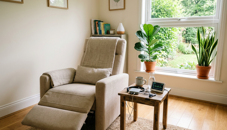 Wide-angle view of a calm wellness room with a reclining chair and small biofeedback equipment