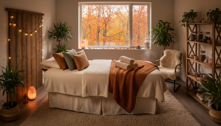 Wide-angle view of a cozy massage room with autumn leaves visible through a window