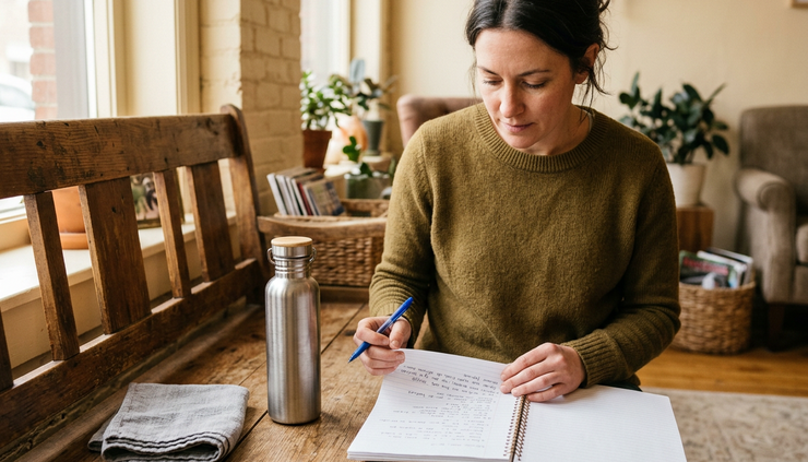 Eye-level view of a person checking appointment notes beside a water bottle and towel