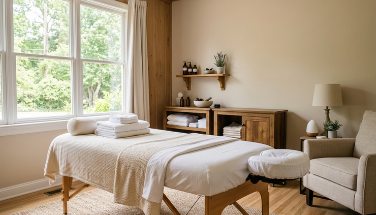 Wide-angle view of a calm massage treatment room with folded towels and soft natural light