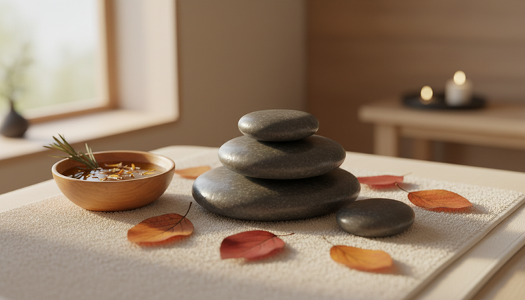 Close-up view of smooth massage stones and autumn leaves on a soft towel