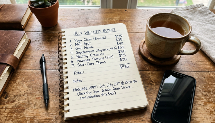 Overhead view of a handwritten wellness budget list beside a cup of tea and a phone