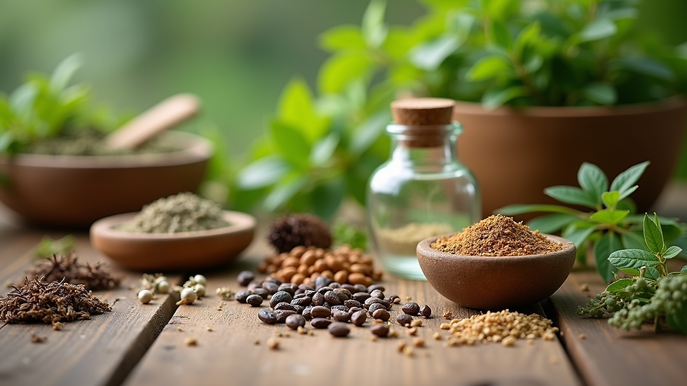 Eye-level view of a wooden table with various natural herbs and remedies