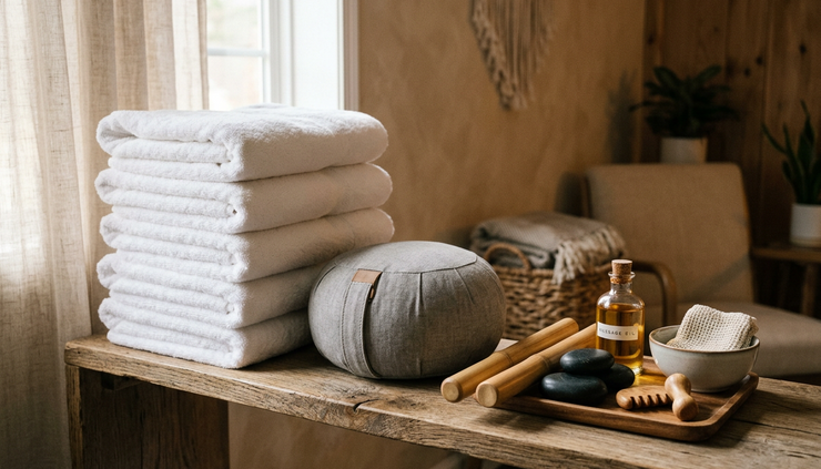 Close-up view of clean towels and massage tools arranged on a wooden shelf