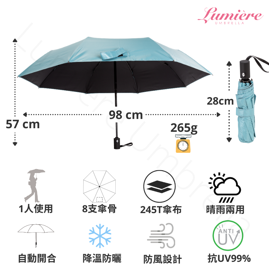 サムネイル： City Lifestyle 城市輕收黑膠薄荷綠自動傘
