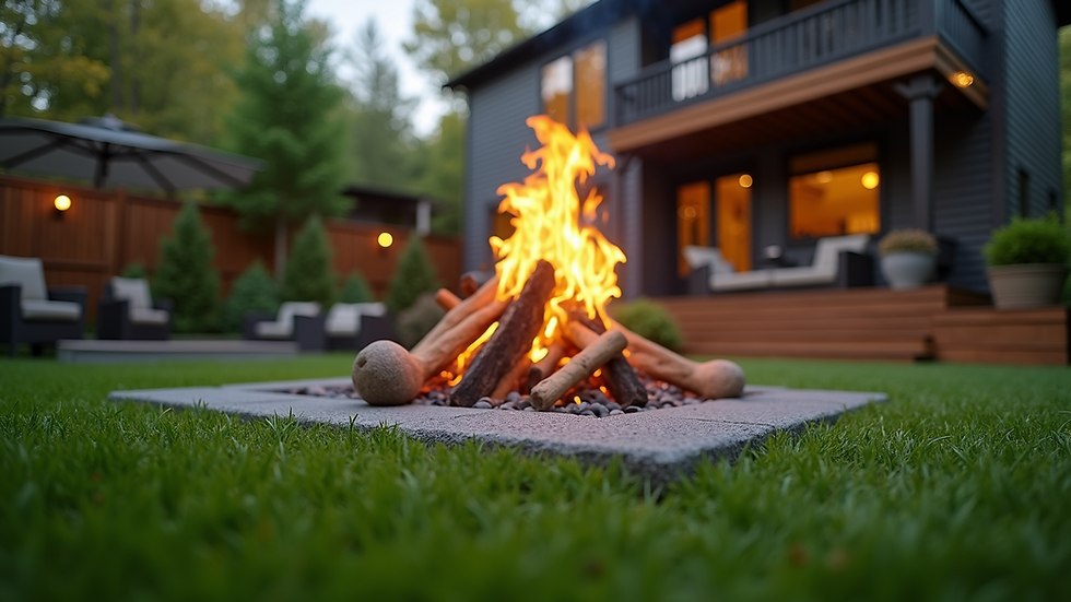 Eye-level view of a backyard firepit area surrounded by artificial turf