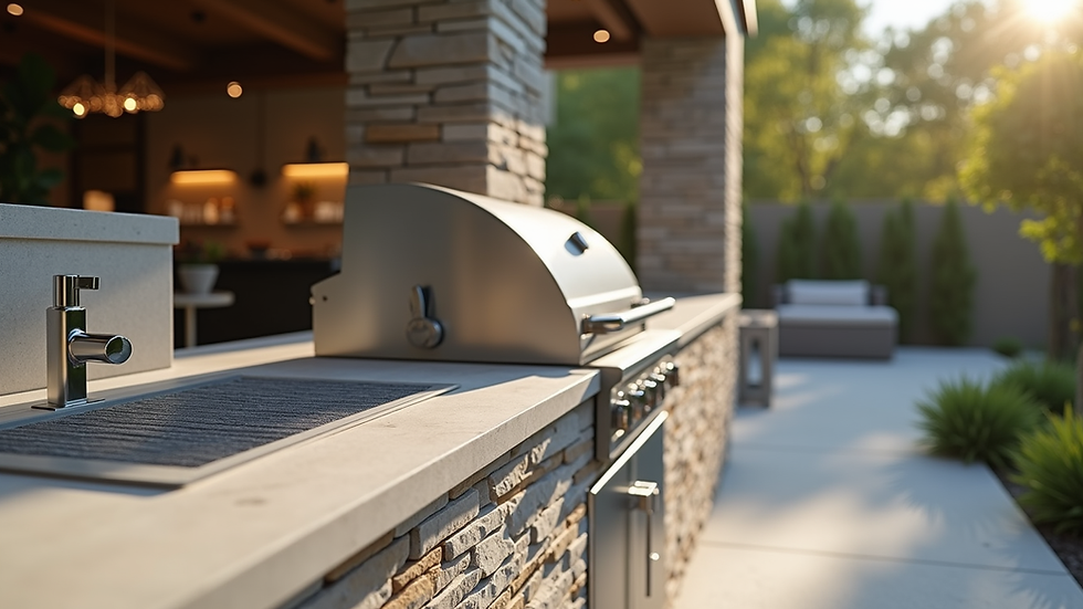 Close-up view of a modern outdoor kitchen with stone countertops and built-in grill