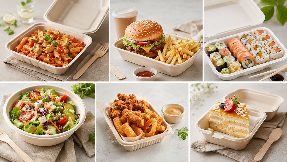 Collage con pasta, hamburguesa, sushi, ensalada, fritos y postre en envases take away sostenibles