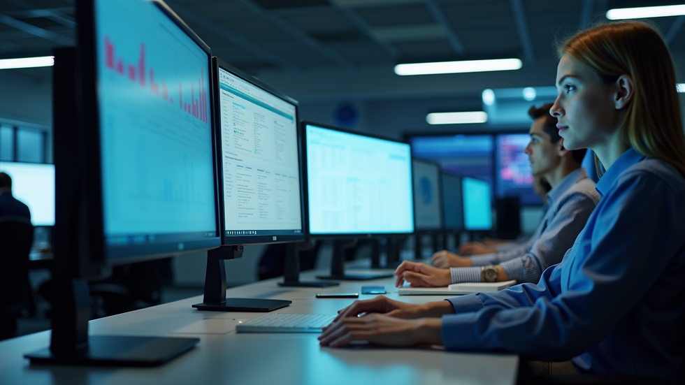 Eye-level view of a fleet management office with multiple computer screens showing compliance data