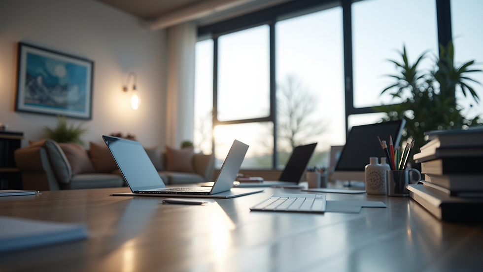 Eye-level view of a modern Scandinavian office space with AI technology