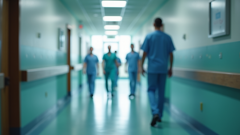 Eye-level view of a hospital corridor with healthcare professionals walking