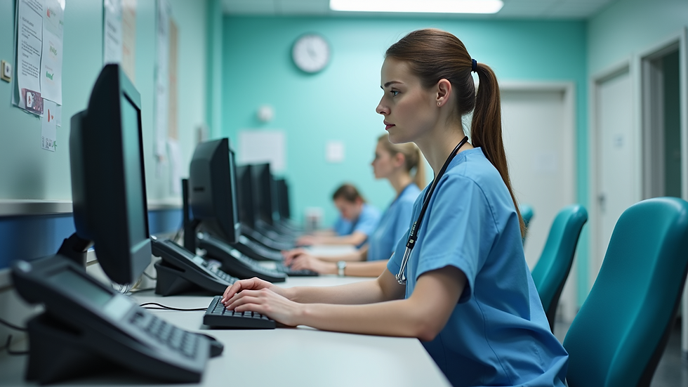Eye-level view of a hospital nurse station with computers and phones