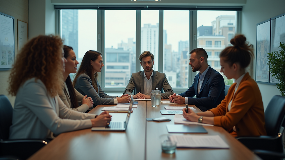 High angle view of an office meeting with diverse team members