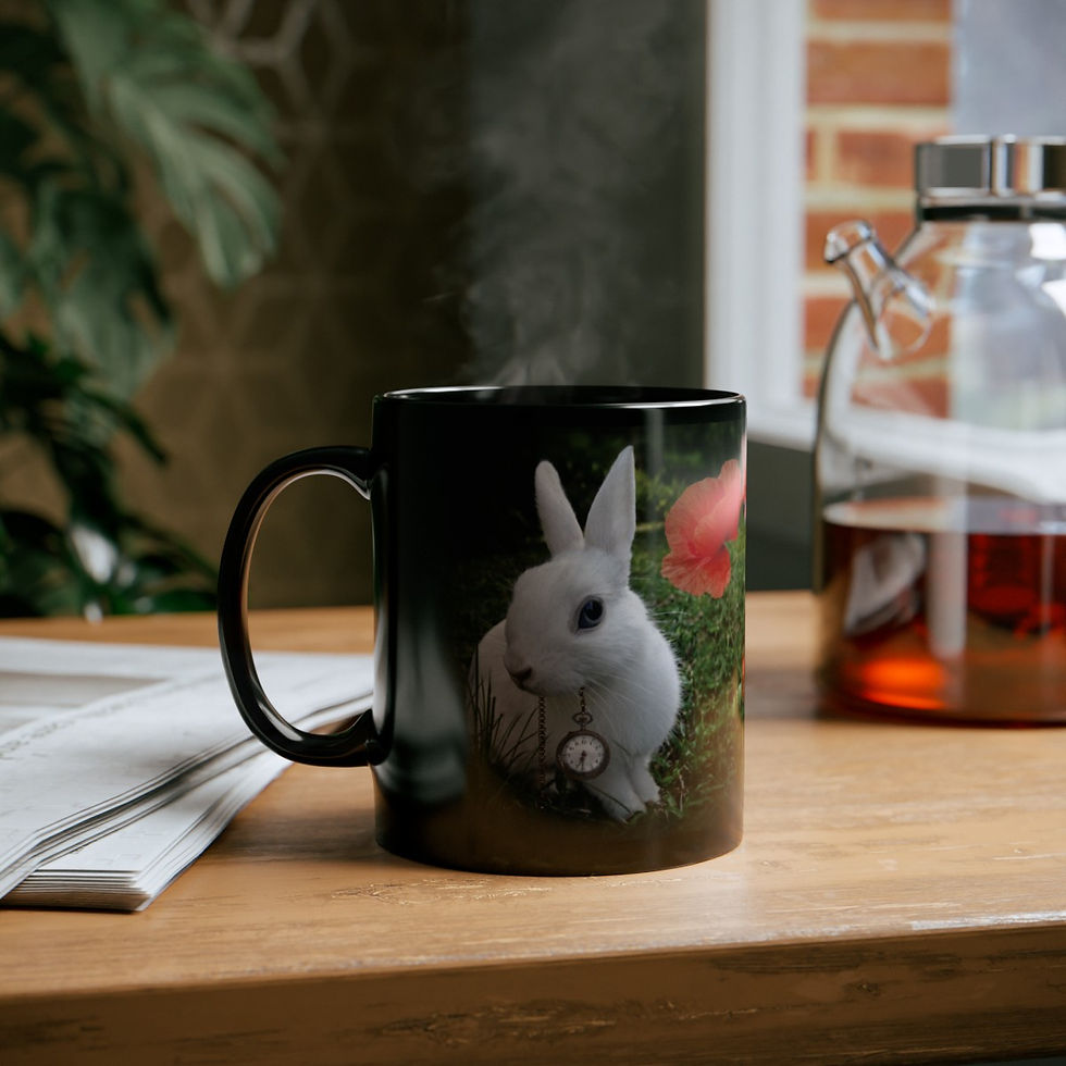 Thumbnail: White Rabbit with Poppies | Black Mug (11oz, 15oz)