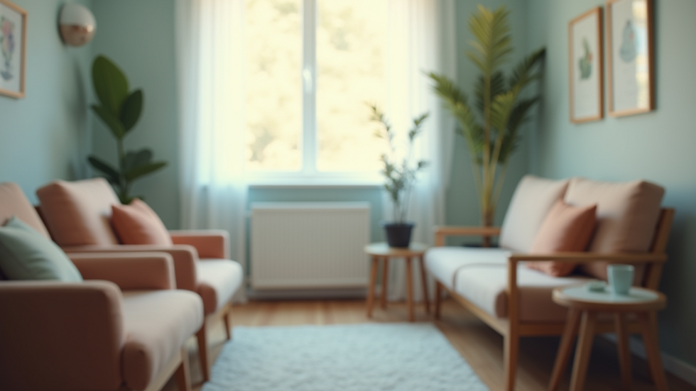 Close-up view of a therapist's office with comfortable seating and calming decor