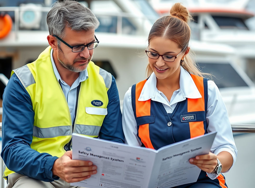Marine surveyor reviewing Safety Management System manual for MSMSR compliance verification in British Columbia