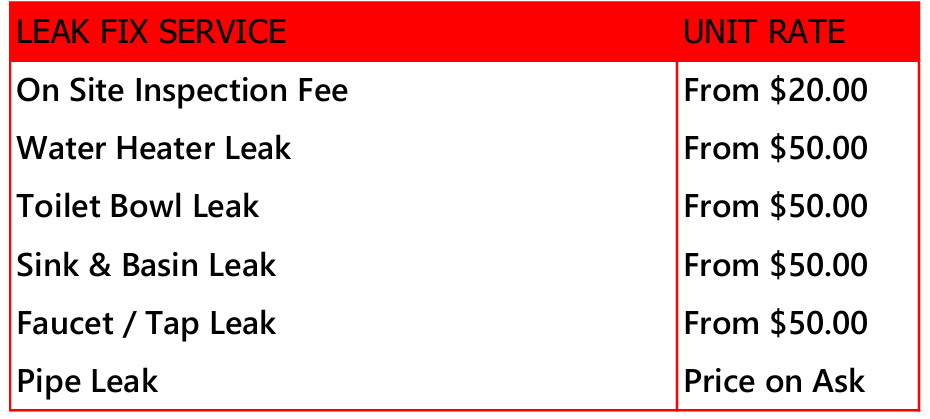 Plumber Leaking Price List
