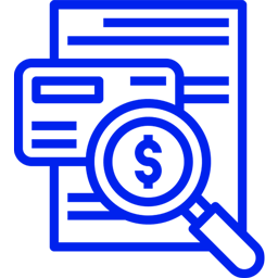 Ícone de lupa analisando documento financeiro e cartão de crédito. Bluemetrics: blue4AI