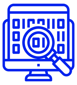 Ícone de uma lupa analisando um código. Bluemetrics: blue4AI
