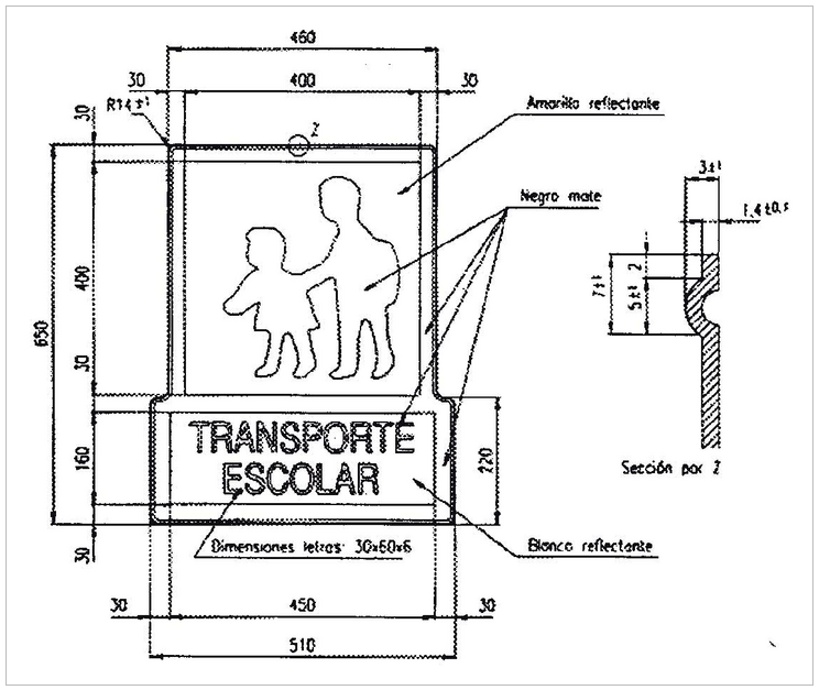 dimensiones, color, contenido y características técnicas de señal transporte escolar