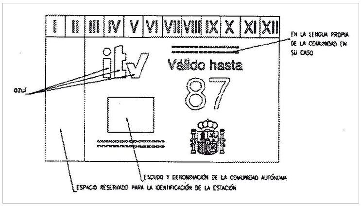 dimensiones, color y características técnicas de distintivo inspección técnica periódica del vehículo v-19