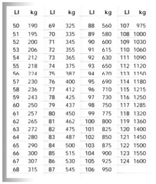 Tabla índice velocidad neumáticos