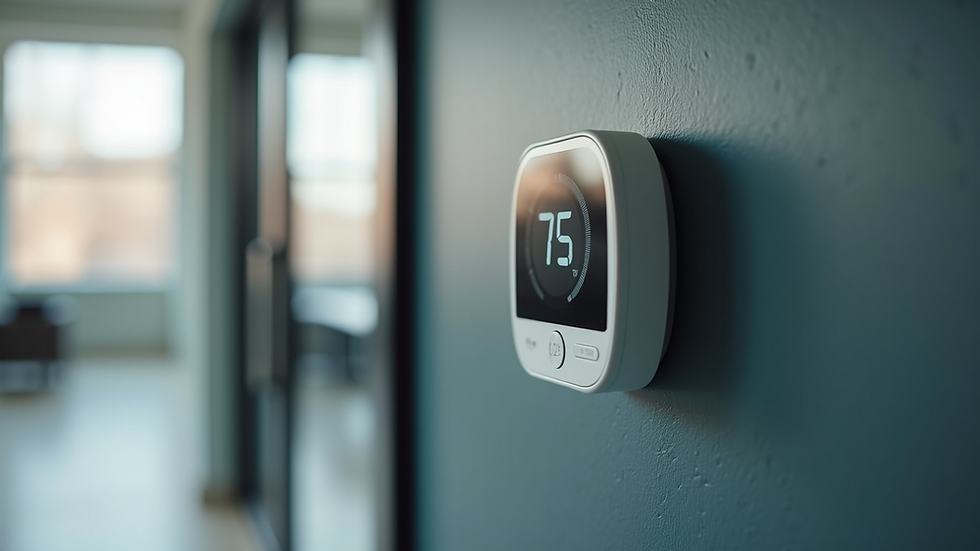 Close-up view of a smart thermostat mounted on a wall in a commercial building