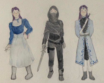 Water colour painting of a character pictured in three outfits. She has pale skin and dark purple hair. Left to right she is in a blue and white dress, next she is in a grey cloak and leather pants, holding a sword, last she is in a long embellished blue coat with the sword sheathed over her shoulder
