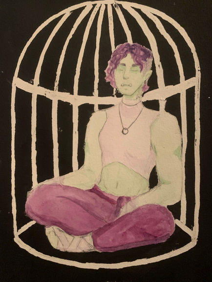 Water colour painting of a figure sitting cross legged in a large bird cage. Their eyes are closed and their position is relaxed, they have purple hair and pale green skin.