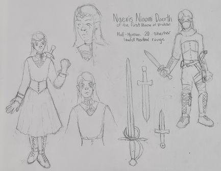 Several sketches of a fantasy character and her swords. She has long hair and is pictured wearing dresses or leather hunting outfits 