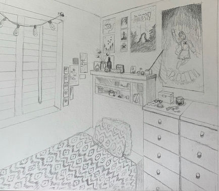 A pencil drawing of the corner of a bedroom, full of posters and knick knacks 