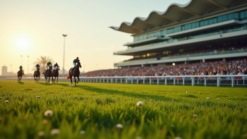 Close-up view of Meydan Racecourse grandstand and track