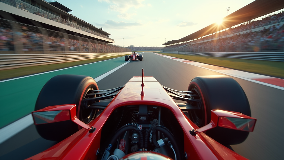 Wide angle view of a Formula 1 car on the track