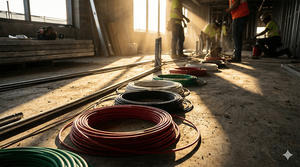 Stacks of THHN wire sitting on the floor of a project site. Dramatic lighting.