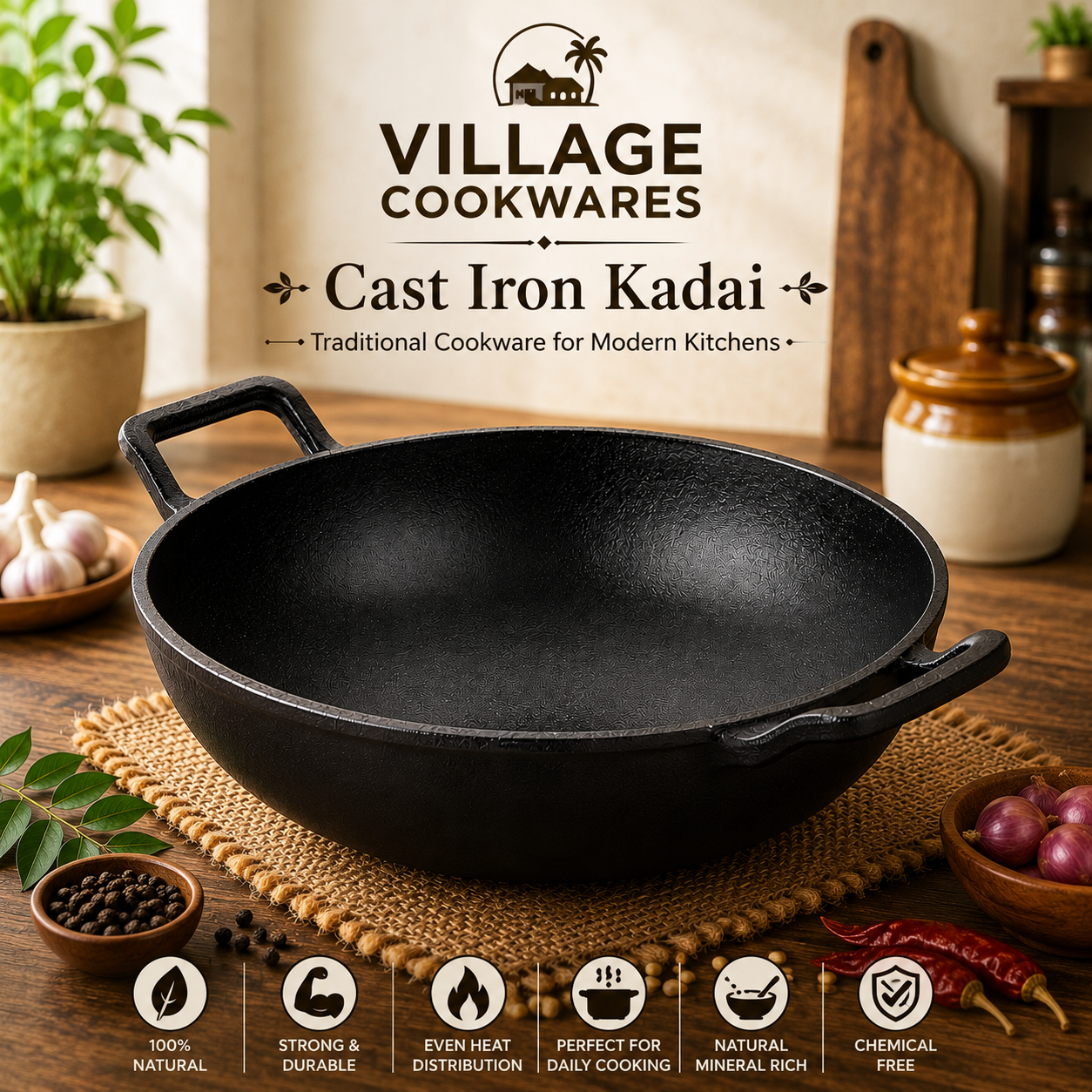 Cast Iron Kadai-Preseasoned Flat Bottom