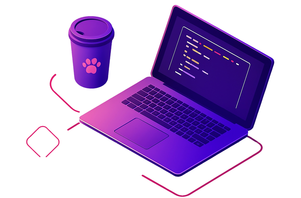 fialová neonová grafika notebooku s kávou