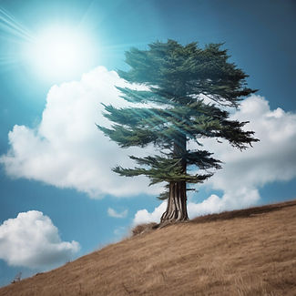 a lone cedar tree with a blue sky with a