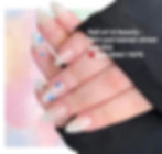 Close-up of hands with elegant nail art featuring blue eye designs and rhinestones. Text shows Nail art & beauty contact info.
