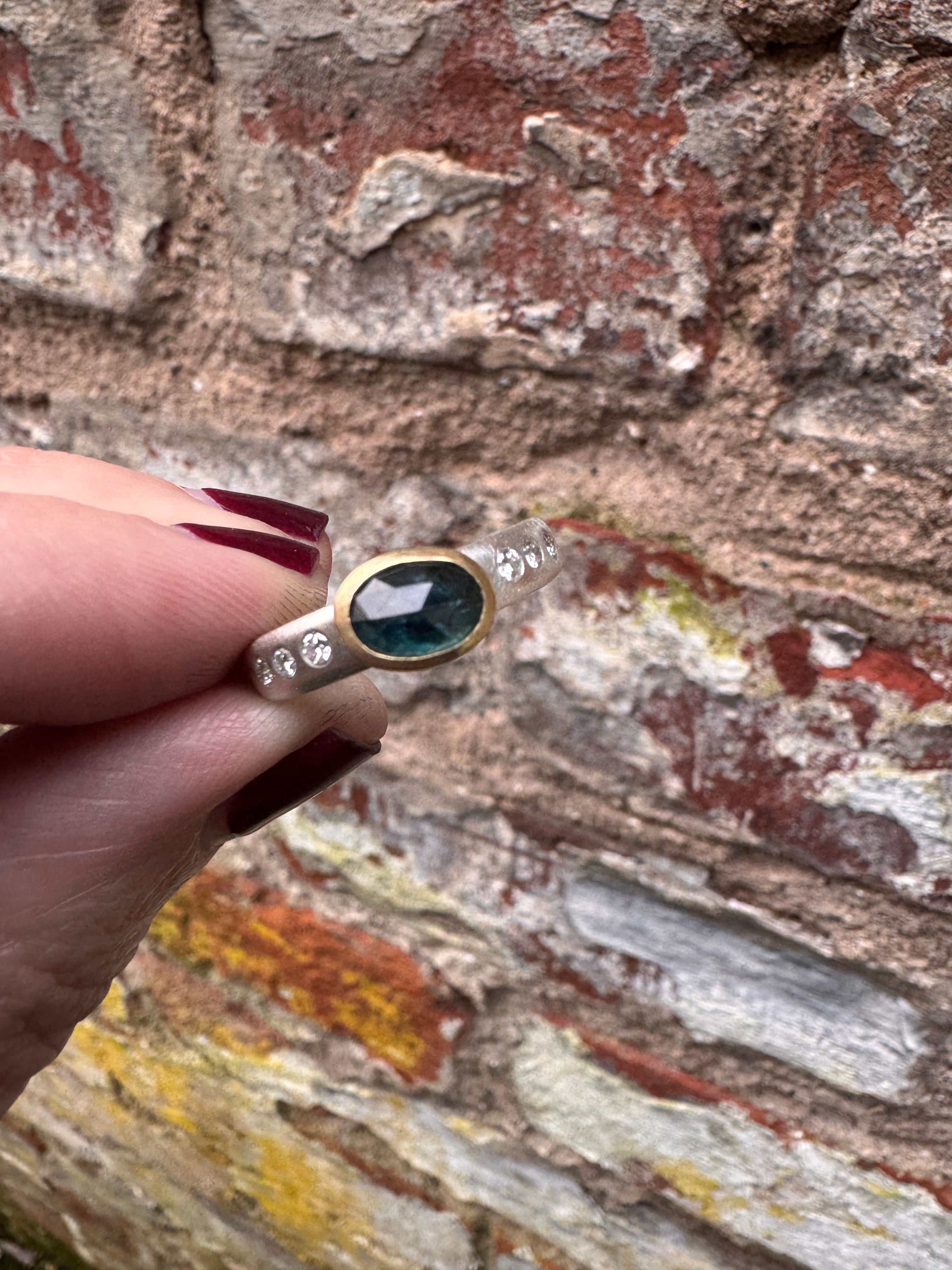 Blue sapphire and diamonds 18ct gold and silver ring