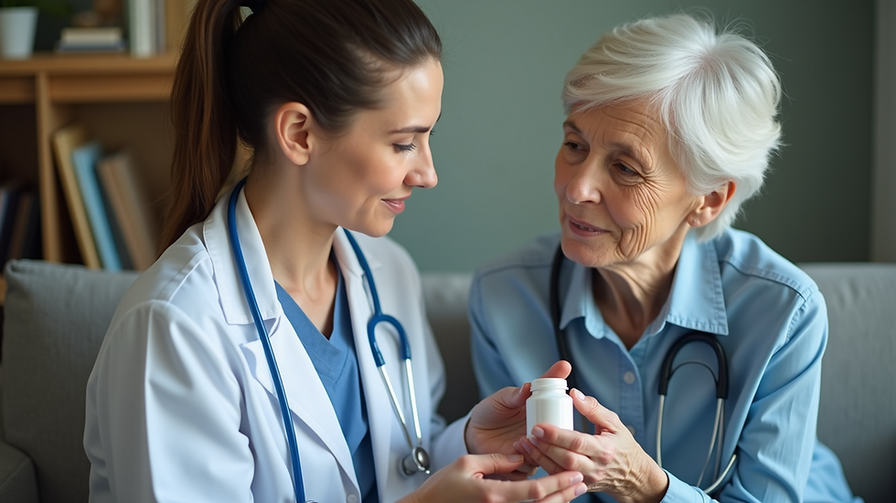 Eye-level view of a caregiver assisting an elderly person with medication
